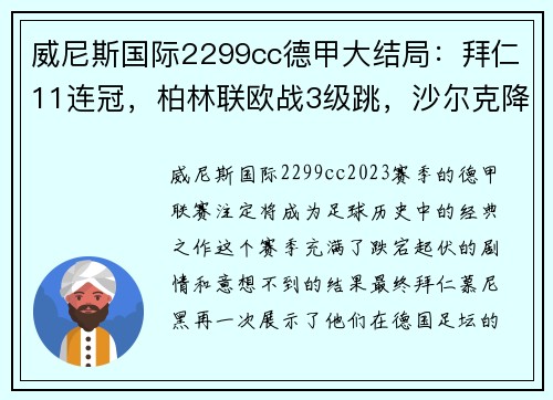 威尼斯国际2299cc德甲大结局：拜仁11连冠，柏林联欧战3级跳，沙尔克降级，16球神迹 - 副本